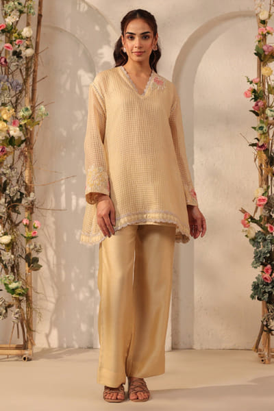 Beige applique embroidery co-ord set