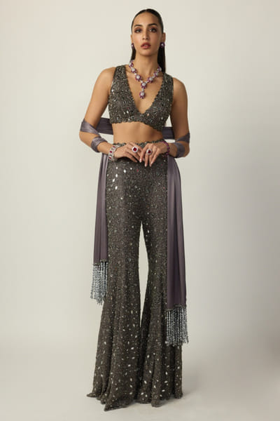 Vvani by Vani Vats Metallic grey cutdana embroidered sharara set VVAFEB26D138514