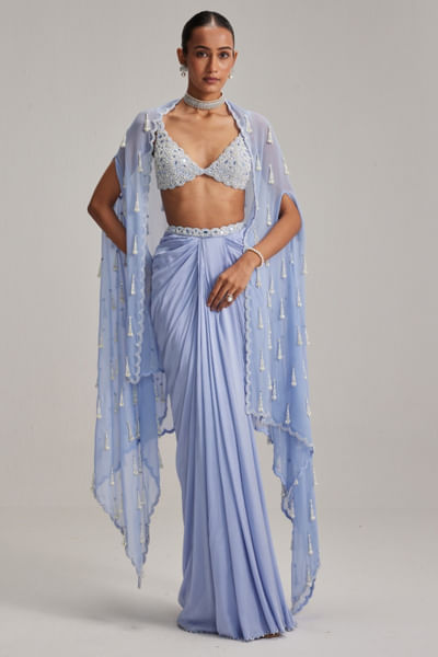 Dew blue embroidered cape and drape skirt set