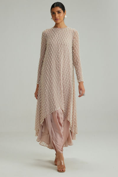Ash pink pearl drop embroidered kurta set