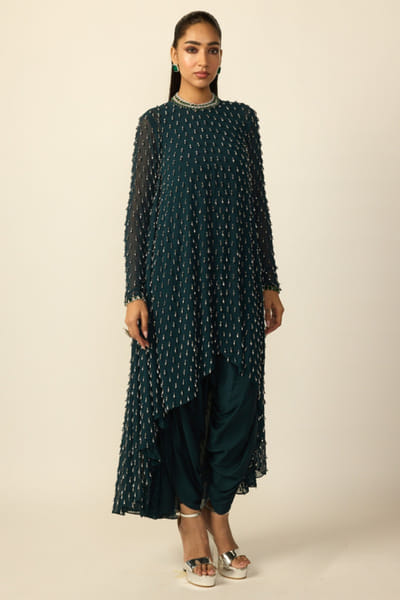 Dark teal bead embroidered kurta set
