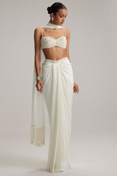 Off-white embroidered drape skirt set