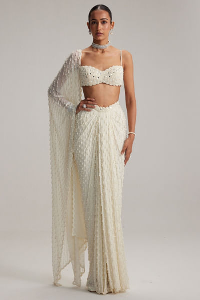 Off-white pearl embroidered drape skirt set