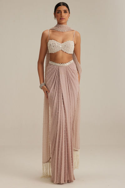 Ash pink pearl embroidery drape skirt set