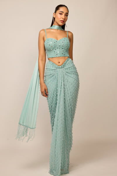 Vvani by Vani Vats Powder blue embellished drape skirt set VVANJUN26D147925
