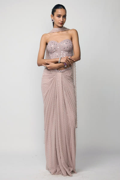 Vvani by Vani Vats Ash pink sequin embellished drape skirt set VVANJUN26D147930