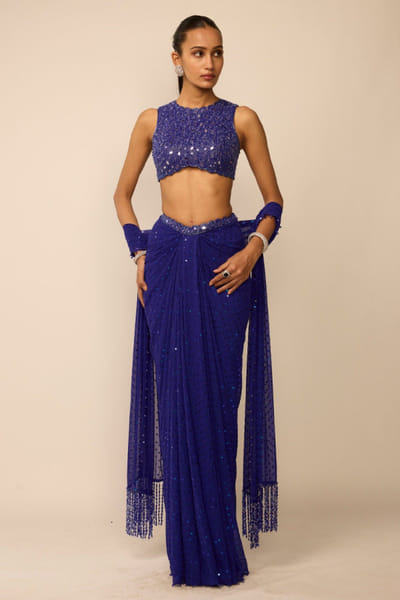 Vvani by Vani Vats Cocktail blue embellished drape skirt set VVANJUN26D147936