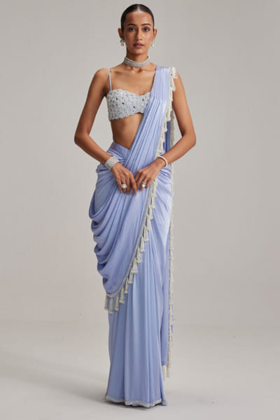 Dew blue embroidered draped sari set