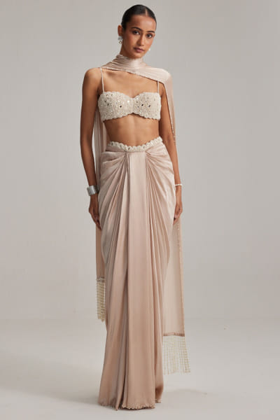 Light beige pearl embroidered draped skirt set