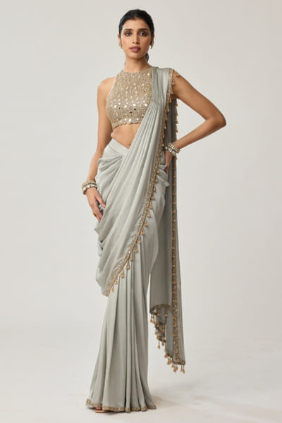 Powder grey mirror embroidered draped sari set