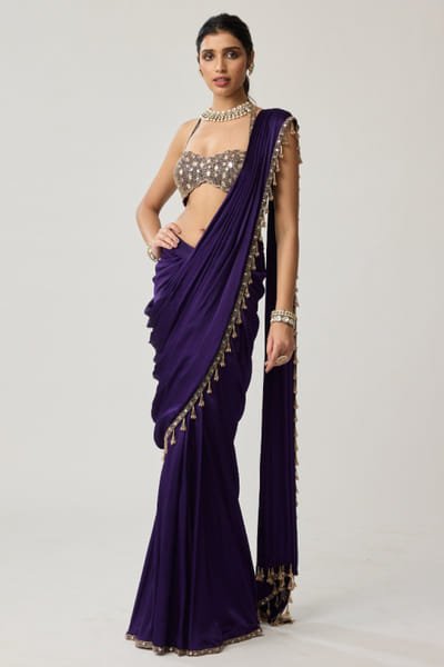 Royal purple mirror pre-draped sari set