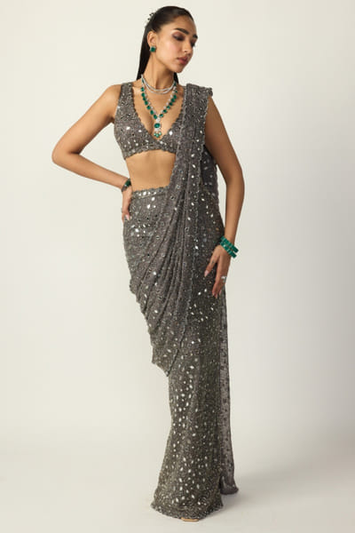 Grey mirror embroidered pre-draped sari set