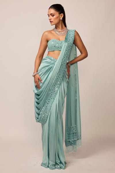Vvani by Vani Vats Powder blue embellished drape sari set VVANJUN26D147924