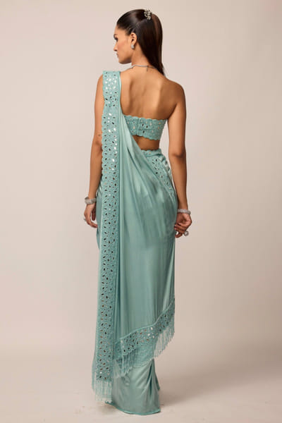 Vvani by Vani Vats Powder blue embellished drape sari set VVANJUN26D147924
