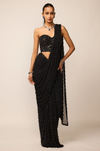 Vvani by Vani Vats Black mirror-cutdana embellished sari set VVANJUN26D147926