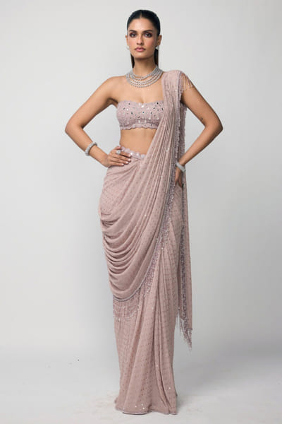 Vvani by Vani Vats Ash pink embellished drape sari set VVANJUN26D147931