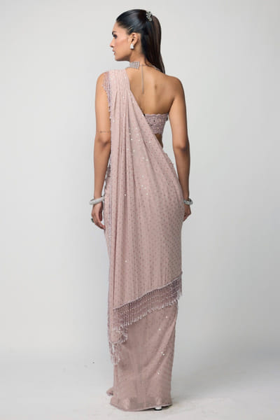 Vvani by Vani Vats Ash pink embellished drape sari set VVANJUN26D147931