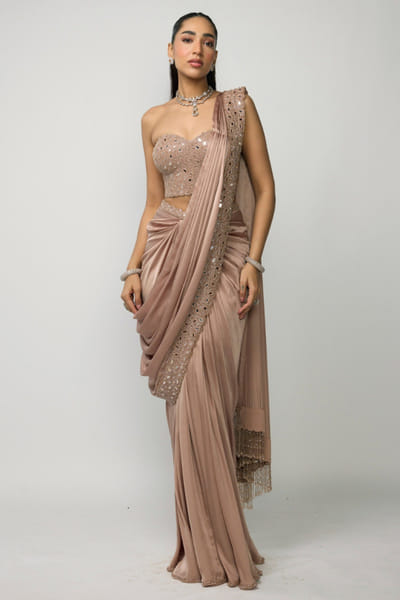 Vvani by Vani Vats Bronze rosé embellished draped sari set VVANJUN26D147935