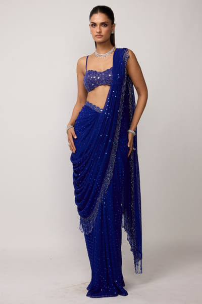 Vvani by Vani Vats Cocktail blue embellished drape sari set VVANJUN26D147937