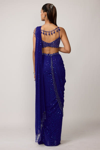 Vvani by Vani Vats Cocktail blue embellished drape sari set VVANJUN26D147937