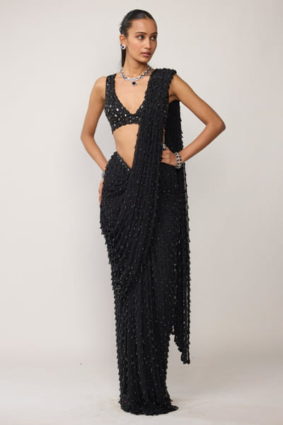 Vvani by Vani Vats Black embellished drape sari set VVANJUN26D147947