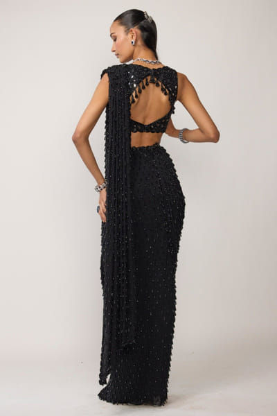 Vvani by Vani Vats Black embellished drape sari set VVANJUN26D147947
