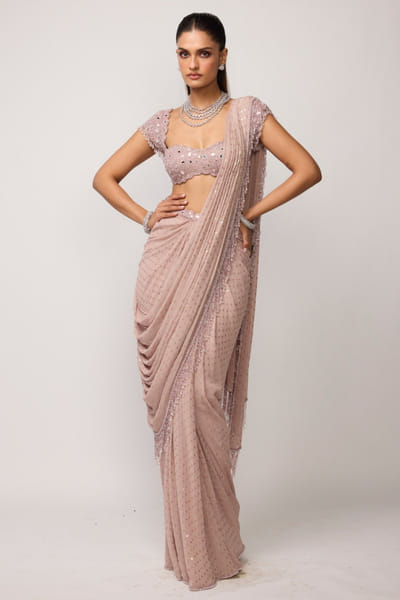 Vvani by Vani Vats Ash pink sequin embellished drape sari set VVANJUN26D147948