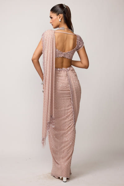 Vvani by Vani Vats Ash pink sequin embellished drape sari set VVANJUN26D147948