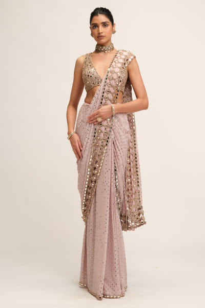 Vvani by Vani Vats Ash pink embroidered sari set VVANAUG26D154021