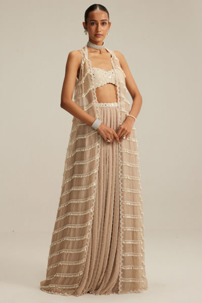 Light beige pearl embroidered jacket set