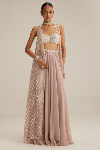 Ash pink pearl embroidered jacket skirt set