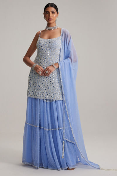 Dew blue embroidered sharara set