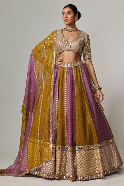 Green and mauve sequin gota lehenga set