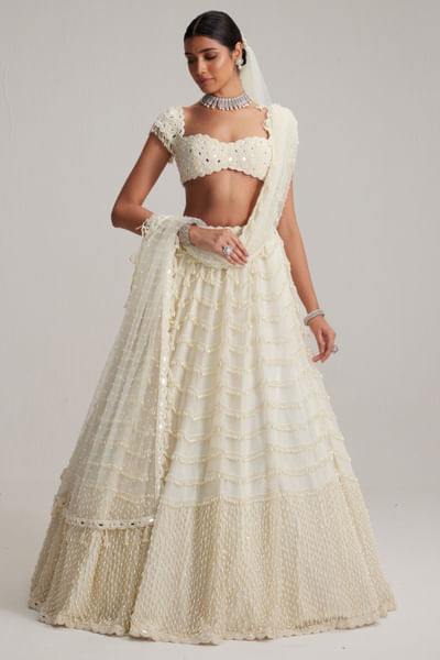 Off-white mirror embroidered lehenga set