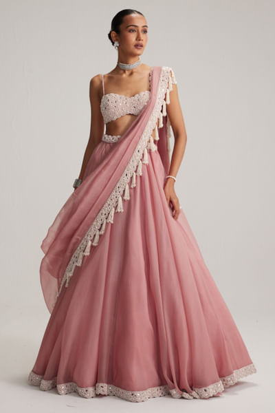 Dusty rose mirror embroidered lehenga set
