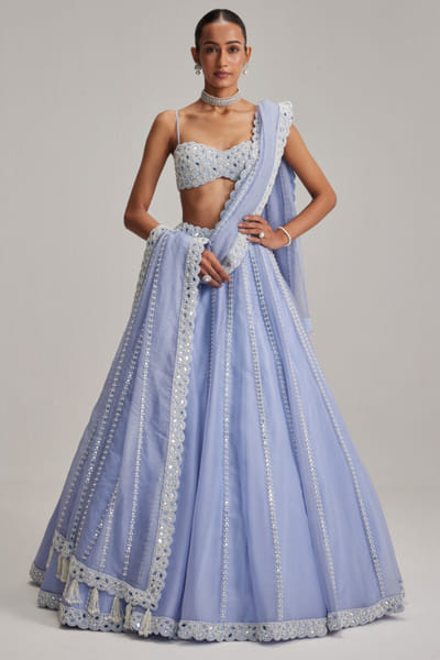 Dew blue mirror embroidered lehenga set