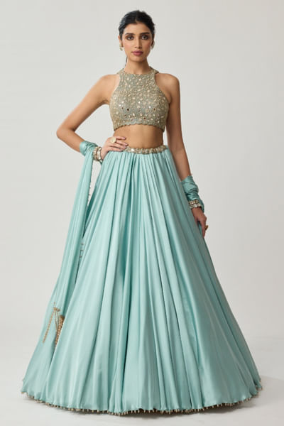 Powder blue mirror embroidered lehenga set