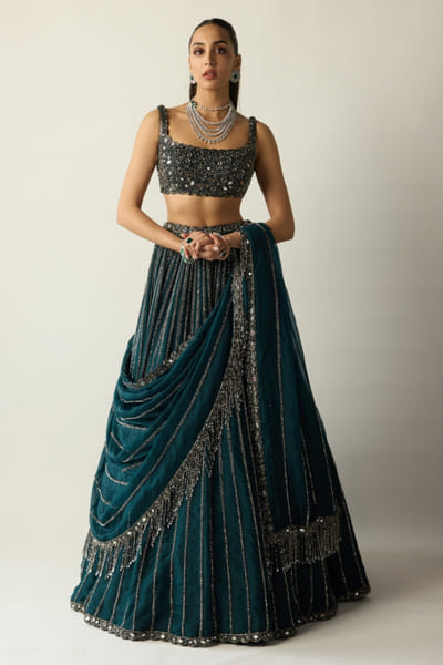 Dark teal crystal embroidered lehenga set