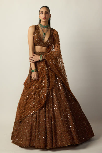 Metallic copper embroidered lehenga set