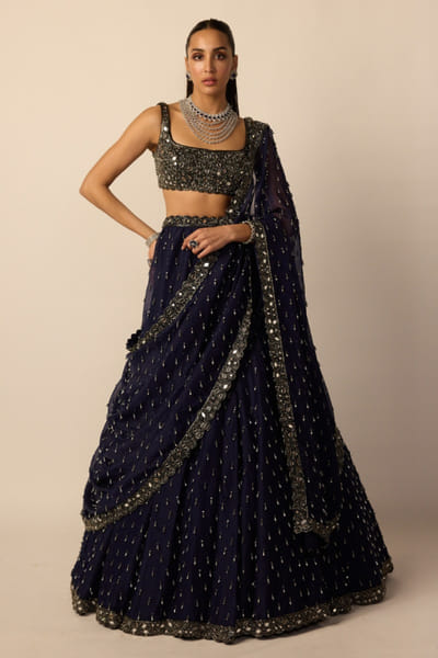 Deep blue bead embroidered lehenga set
