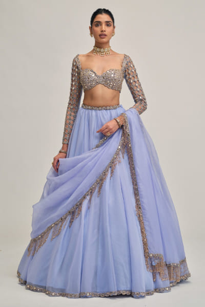 Vvani by Vani Vats Blue mirror embroidered lehenga set VVANAUG26D154042