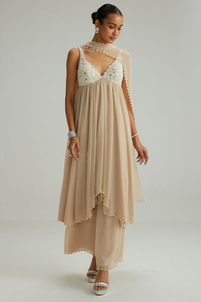 Light beige mirror embroidered kurta set