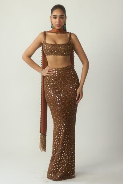 Metallic copper embroidered skirt set