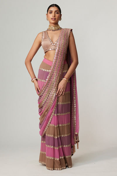 Multicolour floral mirror embroidered sari set