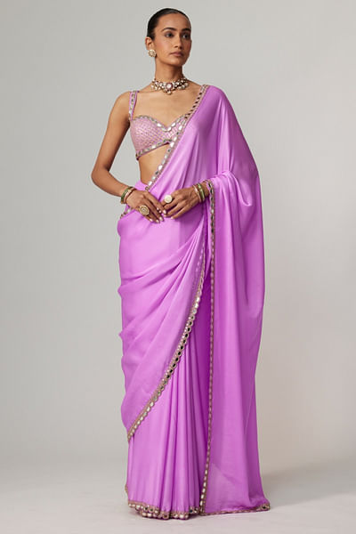 Mauve gota and mirror embroidered sari set