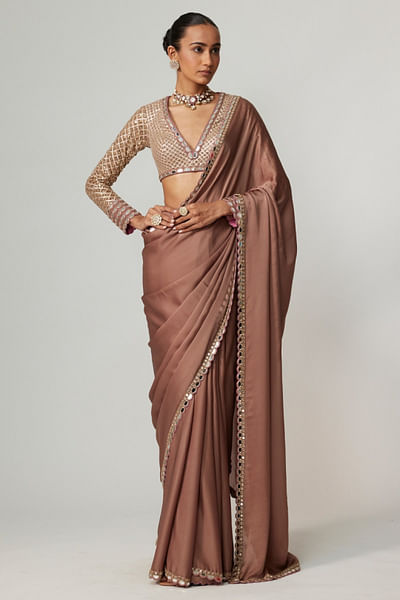 Deep beige mirror and gota embroidery sari set
