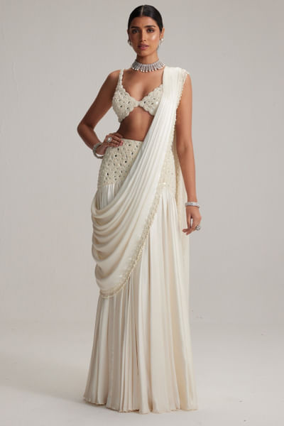 Off-white embroidered drape sari set