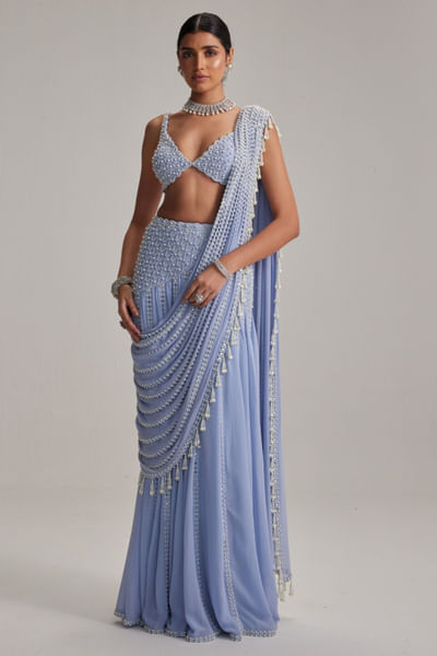 Dew blue pearl embroidered draped sari set