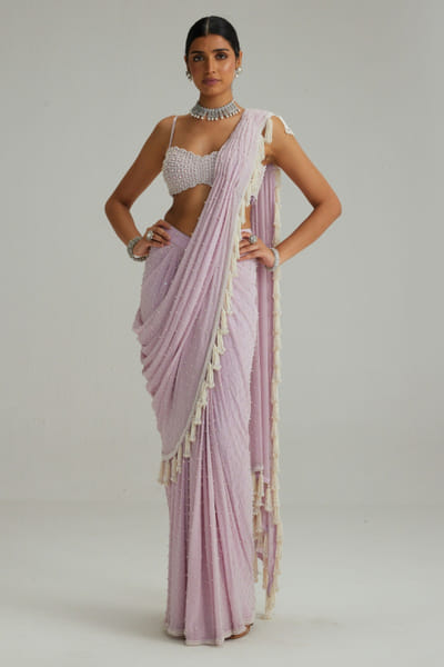 Lavender mirror embroidered draped sari set