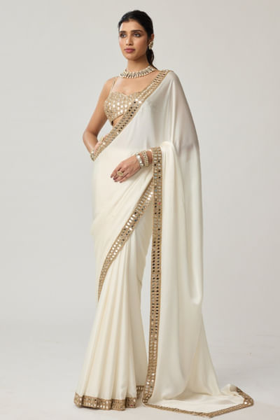 Off-white mirror hand embroidered sari set